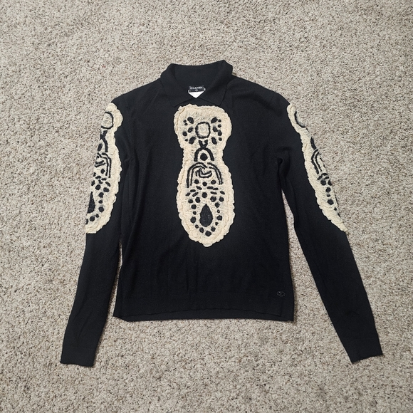 CHANEL Cashmere Sweater knitwear Black  with Cream Detailing Size 38 - Picture 1 of 15